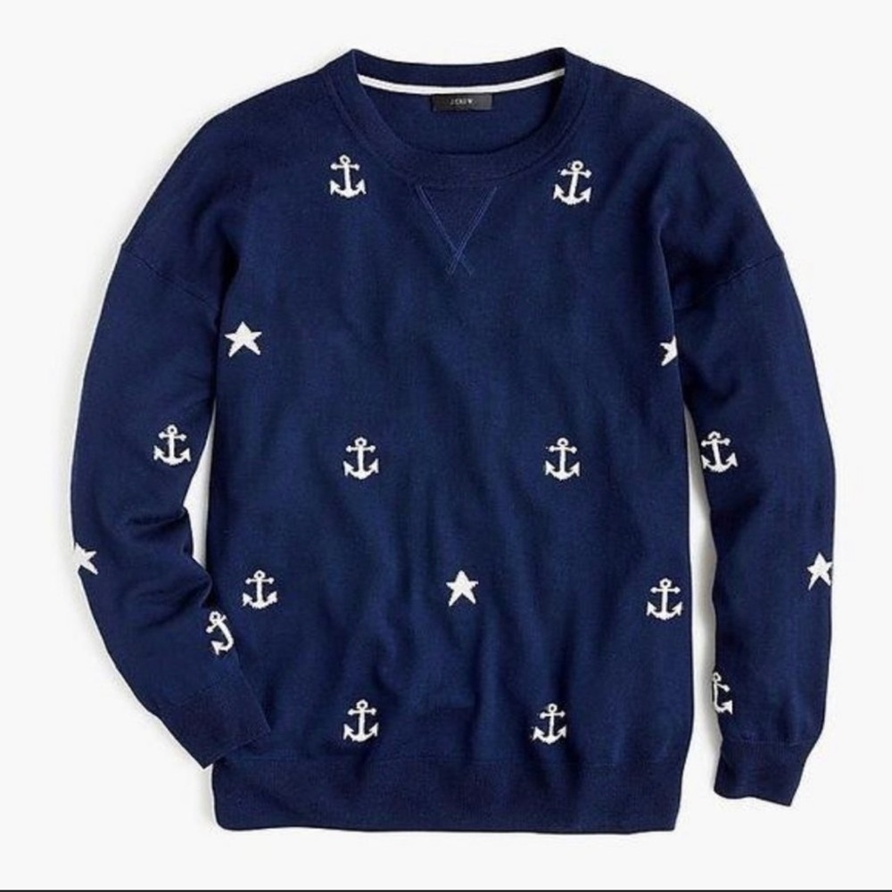J. Crew Anchors Stars Nautical Merino Wool CrewNeck Navy Sweater Size S (w/tags)